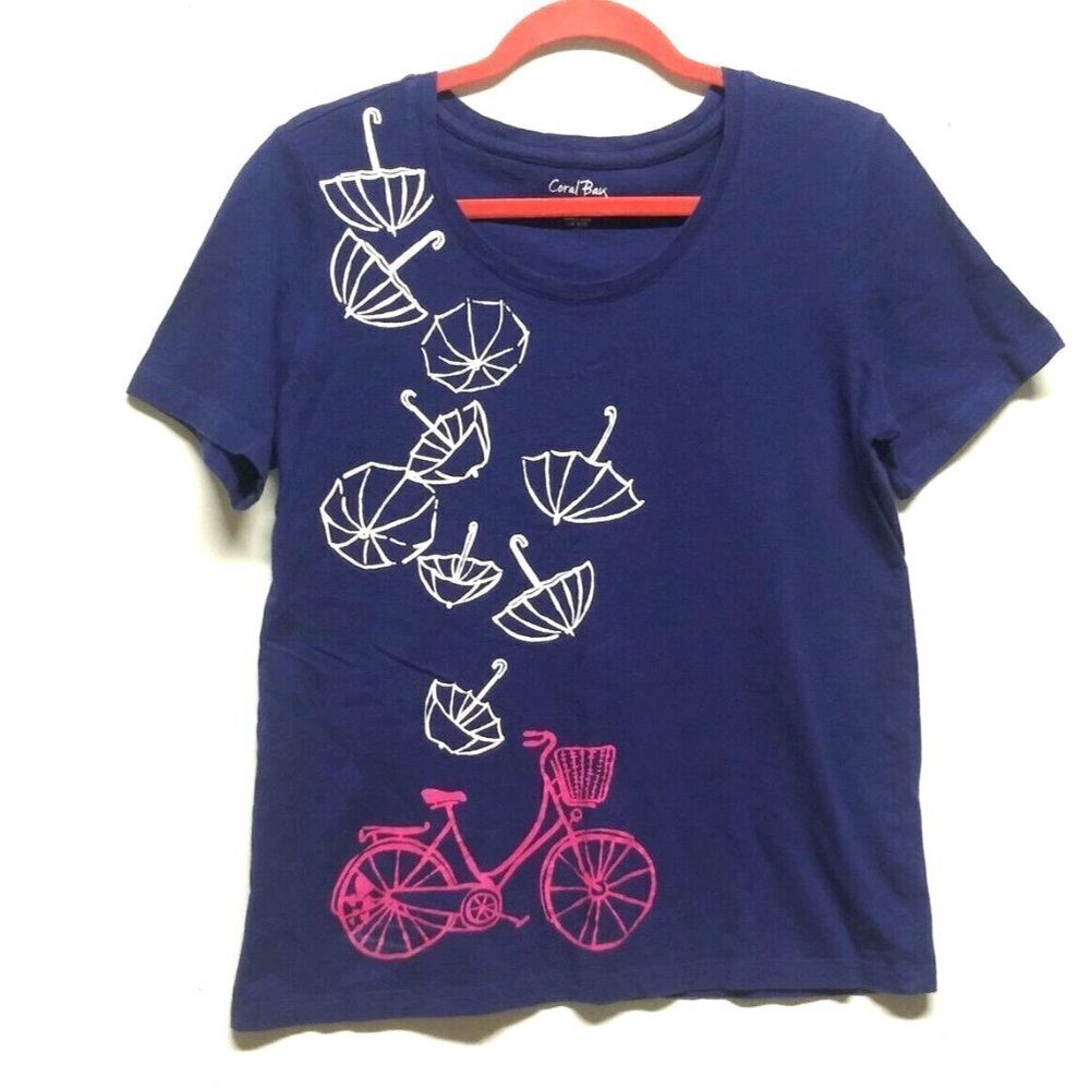 Womens T shirt top Umbrella Bicycle Print Sz M Purple stretch Novelty Coral bay